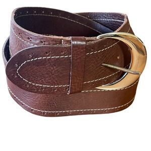 Vintage Garuglieri Wide Leather Belt Made In Italy Brown W/ Gold Tone Buckle XL